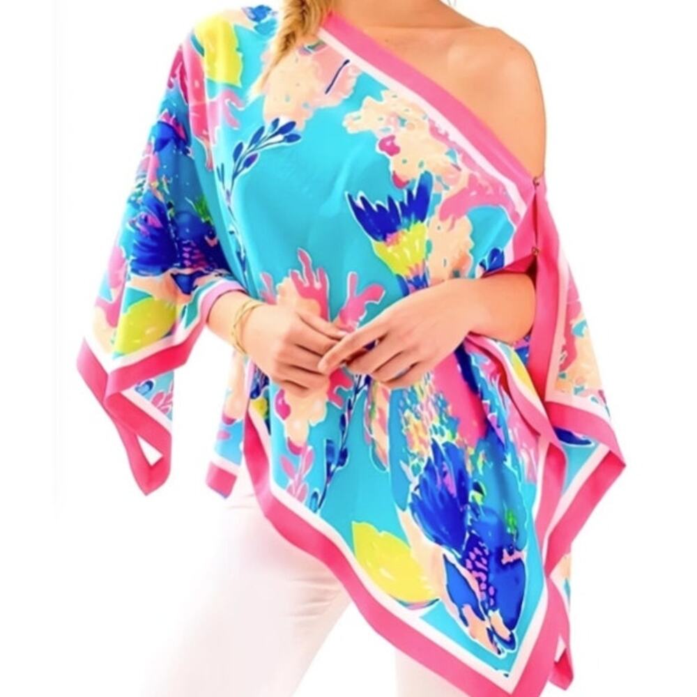 Lilly Pulitzer 100% Silk Dixie Poncho Top One Size Sea Life Pink Shorely Blue